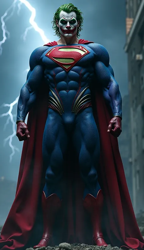 An intense hybrid fusion of Superman and the Joker, combining the iconic features of both characters. The result is a towering figure with Superman’s muscular physique, wearing a dark, twisted version of his suit, blending the traditional blue and red with...