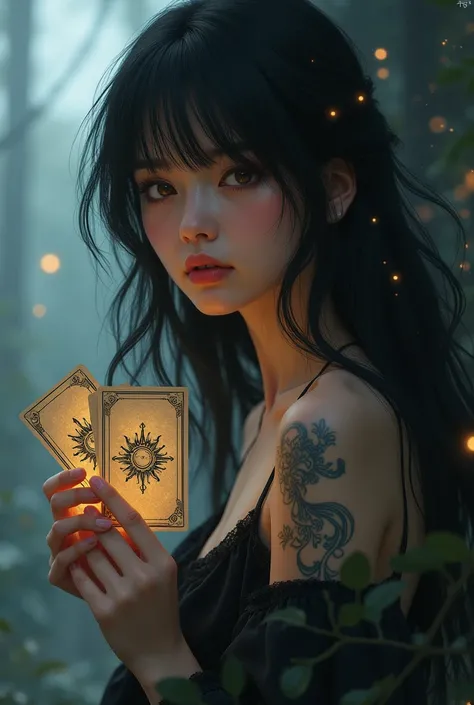 a profile picture of a girl with long black hair with bangs and a tattoo of a sun and a moon on her left hand holding tarot cards in her hands 