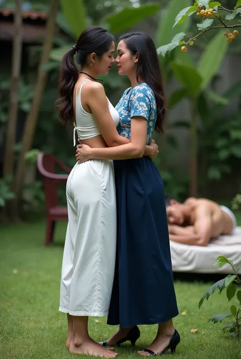 An Indonesian woman is with a tied hair, wearing white long sleeved loose top, white low waisted culottes, and barefooted. The woman has a fit and muscular figure. An Indonesian girl is wearing blue floral short sleeved crop top, navy blue low waisted long...