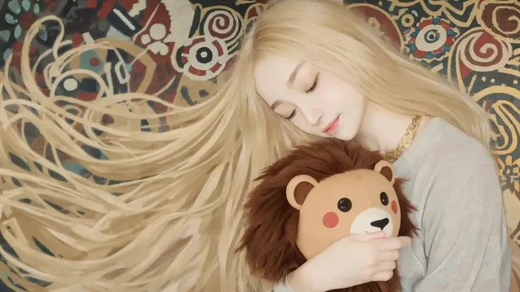  A blonde hair straight long hair Girl . holding cute lion plush doll. girl hair very long . background is tribal totem , background abstract , Gustav Klimt style , low brightness ,Milky color , golden straight hair ,face close-up,Night image,Golden hair o...