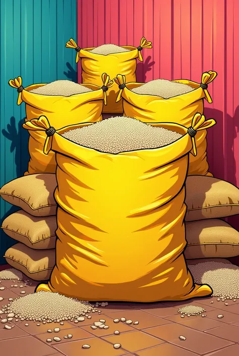 sacks of rice make the rice color yellow, make it a 90s comic style
