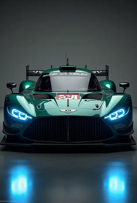   realistic photo ,  Le Mans 24-hour hyper racing car , feito pela Bentley Motors, Rounded headlights,  dark green car with blue LED headlights, Bentley symbol on the front 