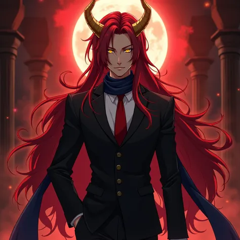  better quality, amazing quality,,anime,young,man, long deep red hair ,golden horns, yellow eyes ,tuxedo black tunic ,red tie, long dark blue scarf , slender body with shapely muscles, full body,emanating a crimson-colored aura ,