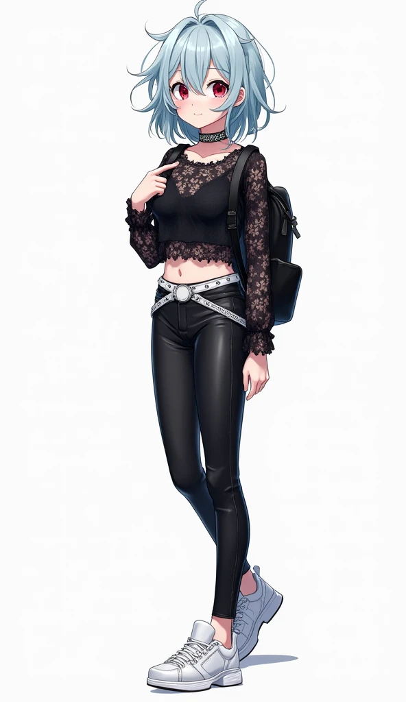  Anime girl with messy medium-length light blue hair and red eyes,  dressed in a black floral lace blouse , tight black leather pants and white sneakers with details.  She wears a white belt with studs and a black backpack over her shoulder. Modern and dar...