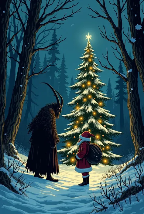 Create a darkness illustration about Krampus  together with Saint Nicolau  in a very dark forest in Germany and a chistmas tree and a lot trees around at night  like comic book 