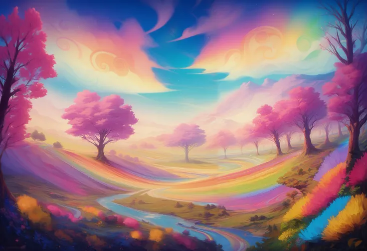 realistic cathedral in a field , trees in a field 、painting with flowers and a stream flowing , scenic colorful environment, colorful hd picure, Magical World. colorful , BEAUTIFUL 4K ART , complex rainbow environment , extraordinary colorful landscape, Ma...