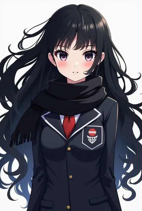  A very pretty girl from Boku No Hero Academia ,  of s of snow-white skin ,  eyes color black ,  long wavy black hair ,  measures 1 .66,  she wears the UA uniform with a very long black scarf,  she is Kirischimas girlfriend , She is in class 1A , has dark ...