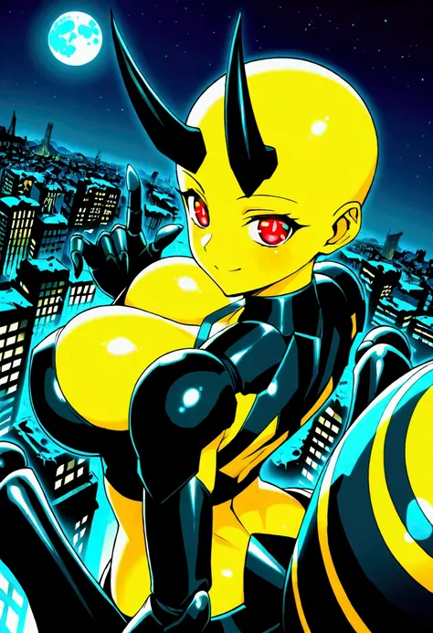 score_9,score_8_up,score_7, source anime, BREAK,1 girl, solo, mech spider girl, machine, arthropod girl, black mech suit, yellow skin, yellow body, long black demon_horn, insect_wings, bald, red-eyes, big large breasts honeycomb outline, black arachnid tau...