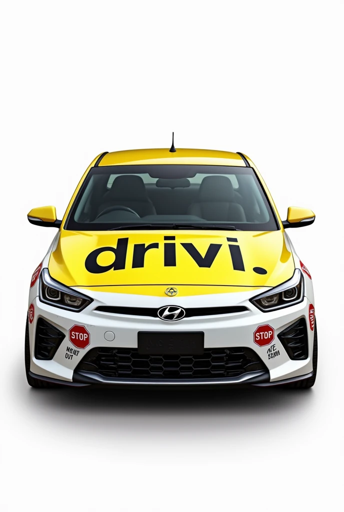 

“A 2017 Diagonal Hyundai Avante vehicle ,  in white with the hood painted yellow with the text Drivi in clear and large letters.  The design includes road signs ,  such as STOP and Give way out , painted on the sides  . The background of the image must b...