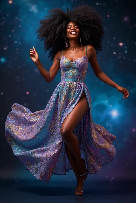 beautiful sexy 40 years old african woman,ultra long wide black afro haircut , very large iridescent rainbow lace dress,  floating in space, make-up,jewelry, flashes, stars, nebulas, legs, jumping in space, happy, spread legs 