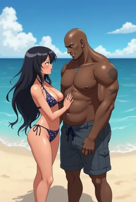 Create Hinata Hyuga in a bikini with big boobs on the beach ,  with a fat and bald black man taking it up the ass of her couple 