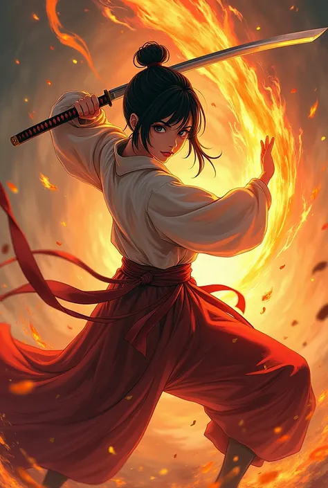 Girl in a fighting pose with a katana in her left hand ,  pose that looks fluid fighting and a girl holding the katana with fire in the background as if she had shaken the katana and fire had come out of it,  fighting pose with a perspective that looks dyn...