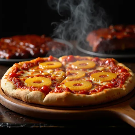 Delicious Hawaiian pizza with lots of melted cheese ,  ribs well toasted fresh from the wood-burning oven.