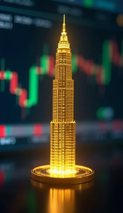 A tiny dollar coin at the base of a gigantic golden tower shaped like a trading candlestick. The coin glows faintly while the tower gleams brightly under a spotlight. The background is a digital stock market interface with candlestick charts and tickers.