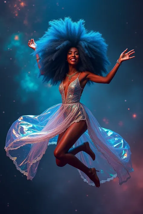  beautiful sexy 40 years old senegal woman,ultra long wide large thick blue afro hair, very large iridescent rainbow leather lace dress,  floating in space, make-up,jewelry, flashes, stars, nebulas, legs, jumping in space, happy, spread legs 