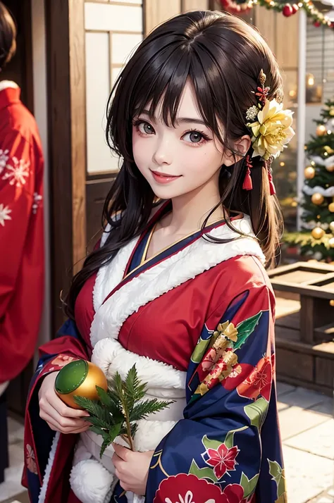 A bust shot of a smiling beautiful woman in a kimono celebrating Christmas