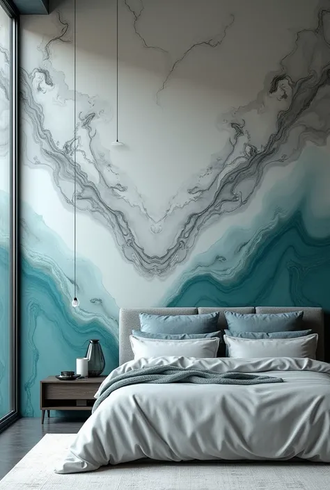 interior design, realistic photograph of a front wall of a bedroom, painted marble style, gray with different shades, and partially dark turquoise, and with wax to give it shine