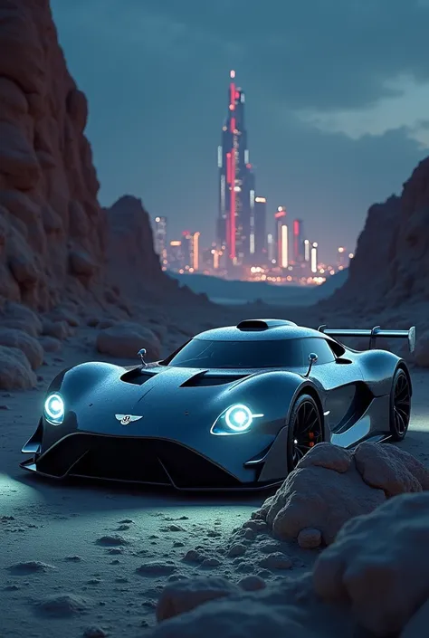  Realistic photo of a rally car made by Bentley Motors, futuristic design amidst lunar rocks in an inhospitable environment at night with LED lights and a futuristic city in the background, gray car, Round headlights 