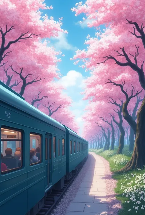 A blue-green train is passing through a beautiful cherry blossom forest. The train on the left has large windows that allow passengers to see inside. Cherry blossoms are in full bloom, covering the sky in a soft pink color with a fluffy texture. The backgr...