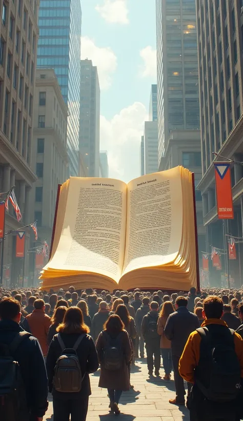 A giant trading rulebook placed like a monument in the center of a busy financial district. Traders of all kinds gather around, some looking up in awe, others flipping through pages. The scene is illuminated by sunlight, symbolizing clarity and knowledge.