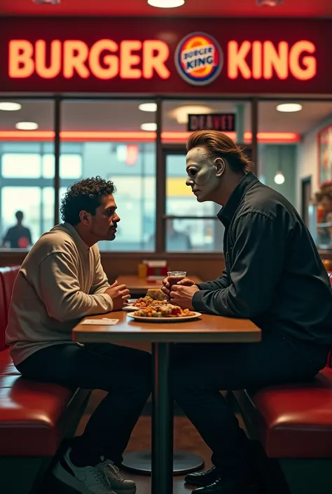 Creame una imagen de auronplay comiendp con michael myers en un burger king