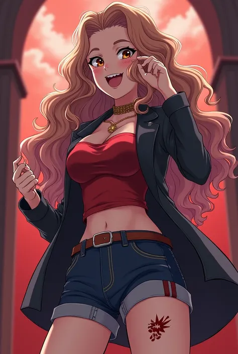  You could make me an image of a girl in the style of Boku no hero Academia her appearance is  : curly hair up the waist light brown and pink tips ,  brown eyes and on the right side of the mouth a small scar , not so big breasts and thick thighs ,  she we...