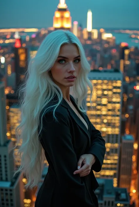 Beautiful woman with long white hair and green eyes, standing atop the Empire State Building, gazing out at the vibrant cityscape of Manhattan. Her posture is confident and magnetic, embodying the energy of the city that never sleeps. Bright lights and tow...