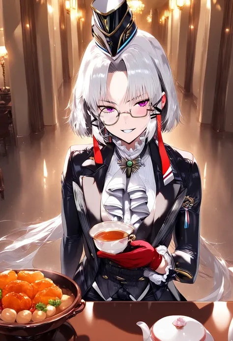 1girl,solo, drake(nikke), crossed legs, tea table, holding tea cup , falt hat, white shirt, white ascot, tailcoat, gloves, butler, villain smile,monocle glasses, elegance,red gloves,corridor half space, food, chiken food, high detailed, best quality, anato...