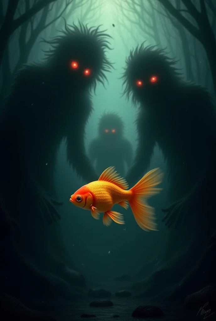  An image of a small goldfish swimming into the Abyss , as the darkness thickens around them .

The shadows surround him,  represented as abstract figures with bright red eyes.
