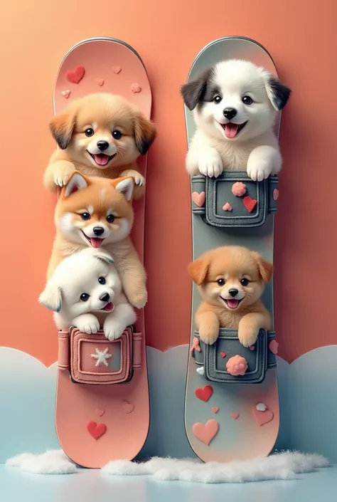  Snowboards depicting cute puppies in snowboards,  detailed 、Warm colors、HDR、UHD、64k、 Amazing Detailed Snowboards 、 Highly Detailed Colors 、masterpiece、Simple color background