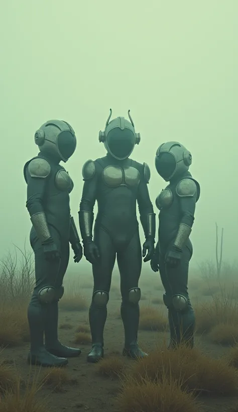 Super sentai crew lost in wasteland,faded color sentai outfits,surreal AI generation, b&w Polaroid,screengrab of 2000s super panavision 2000s movie.retro in color, photorealism ,declassified cia photo,fog chiaroscuro and surreal 12k fx, zdzislaw beksinski ...