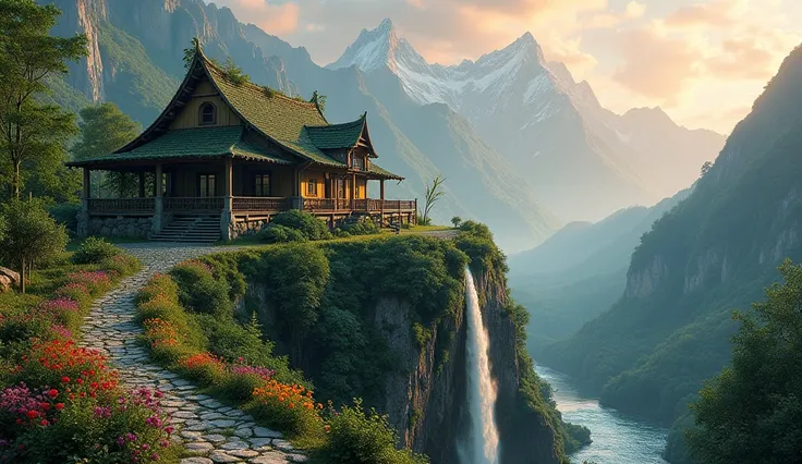 Majestic mountain scenery, a house made of leaves and earth on a hilltop, a mountain waterfall pouring into a river, a stream, a forest, a colorful flower garden, a stone path, a wooden fence, a roof with climbing plants, a farm garden, many bamboo trees, ...