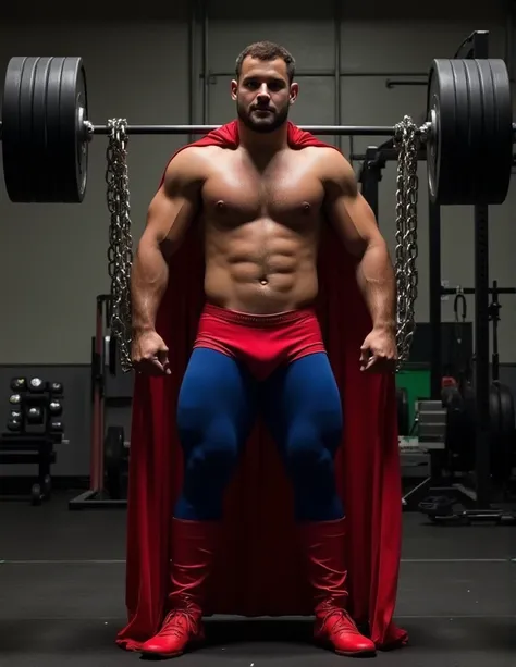 a buff man in a superman costume (think movie version of Superman-black undercut, blue tights and red cape and red boots and red briefs), Superman lifts a 1,000 kilogram barbell high in the gym with a relaxed expression full body photo (50 Centimetre circu...