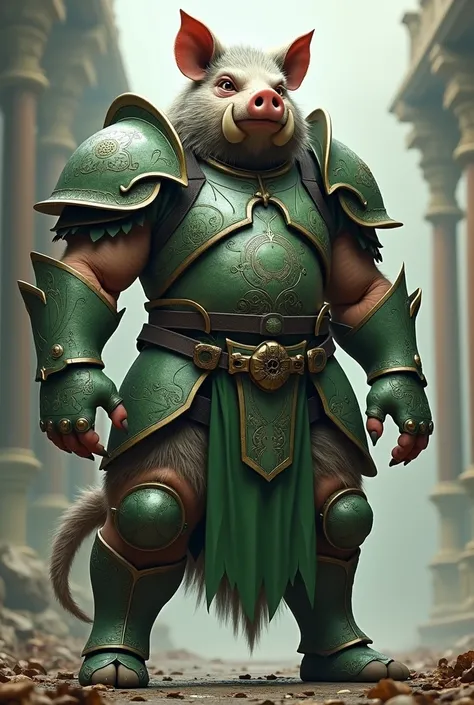  a full body photo,  Bottom view, animal javali,  anthropomorphic pig animal standing with battle armor in the colors green and white, with a mix of the colors  