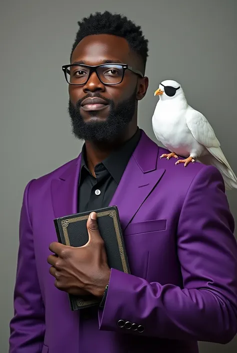 Man with brown skin , Square chin like Superman , wearing big glasses, Holding a bible in my hand,  purple suit with a white dove on his shoulder,  the dove wearing a pirate eye slap 