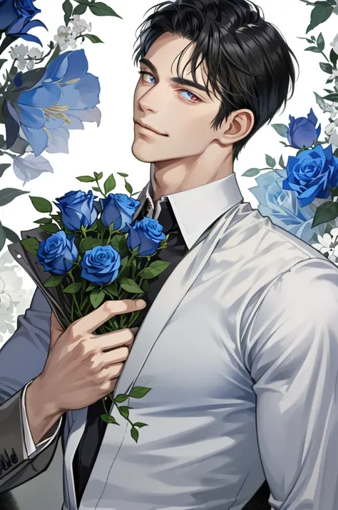 masterpiece, best quality, realistic, 1man, mature man, muscular tall, handsome, smile, closed mouth, portrait, extremely detailed face, (short hair), (black hair), (heterochromia in eyes). Holding a bouquet of blue roses.

