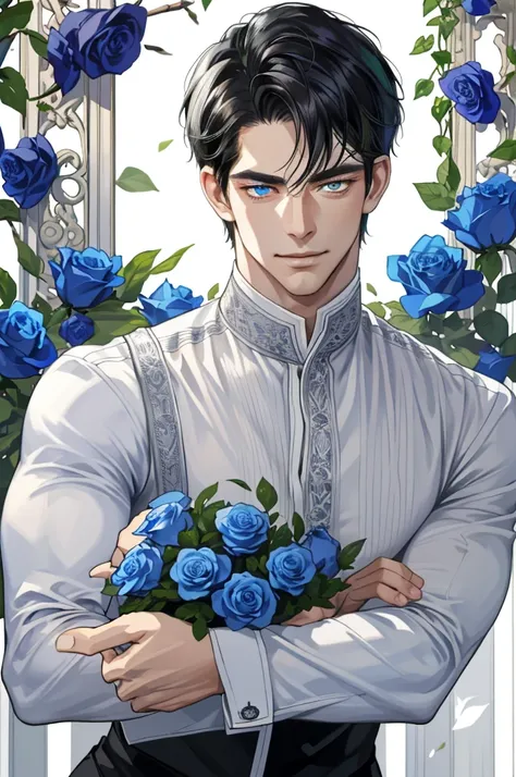 masterpiece, best quality, realistic, 1man, mature man, muscular tall, handsome, smile, closed mouth, portrait, extremely detailed face, (short hair), (black hair), (heterochromia in eyes). Holding a bouquet of blue roses.

