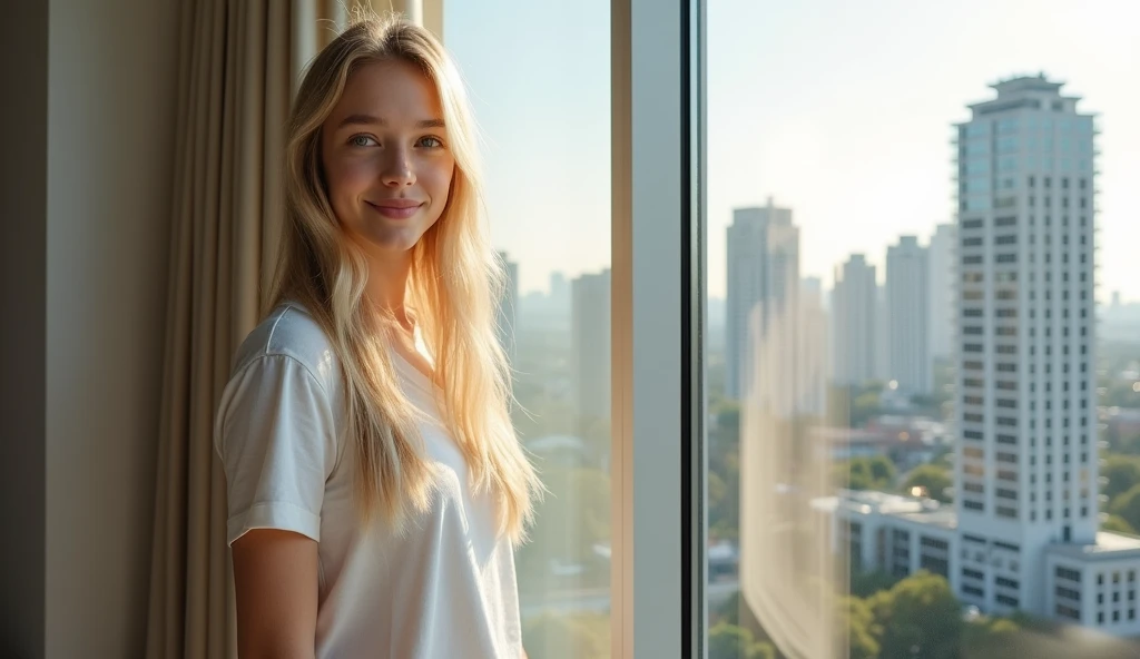  High quality. A real girl with 18 years old with beyond floor length blonde hair and see her "whole" body standing on the right of floor to ceiling window, must see her whole body. The scenario of window shows summer city in modern city. This graph MUST s...