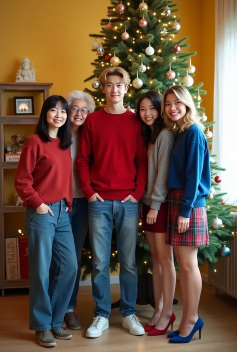   a 25-year-old German man with a faint smile  , Clear blonde ,  green eyes  usando um suéter vermelho usando jeans azul usando tênis branco ,   seems to be standing embracing a photo pose with four women , 1 Japanese ,  65 years old , 1. 60 meters tall , ...