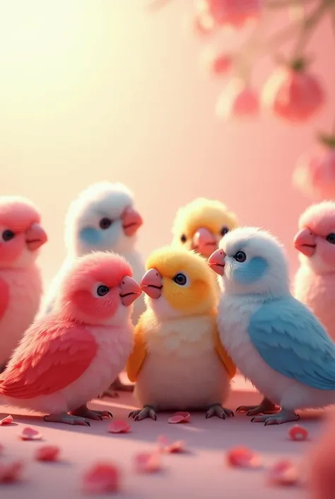  5 pink red white blue yellow soft colours  tiny baby  parrots bunch playing together realistic creation