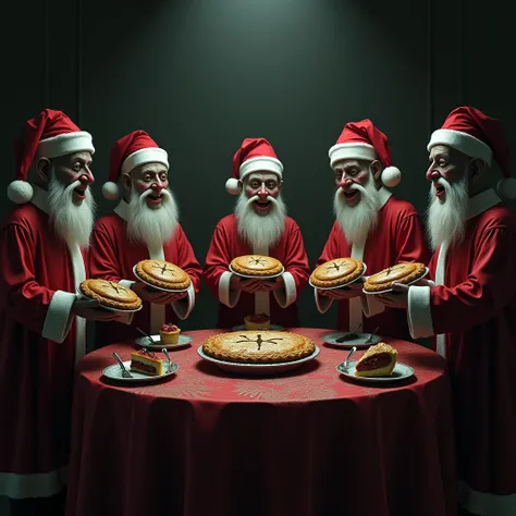 Seven sinister and creepy Santa Claus holding pies, terror, sombrio, mystery,  dark background, fear, realistic, Christmas dinner, 