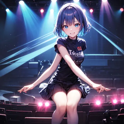 Realistic idol concert stage, dynamic performance venue with contemporary design. Main stage with LED floor panels and modern lighting setup, featuring traditional spotlights mixed with subtle digital effects. Clean aesthetic with moving light beams in pin...