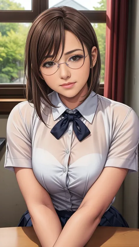 Young female, boarding school environment, student vibe, youthful appearance, short or medium-length hair, brown or soft hair color, wearing glasses (optional), slightly timid posture, school uniform, calm and gentle personality, hesitant expression, cute ...