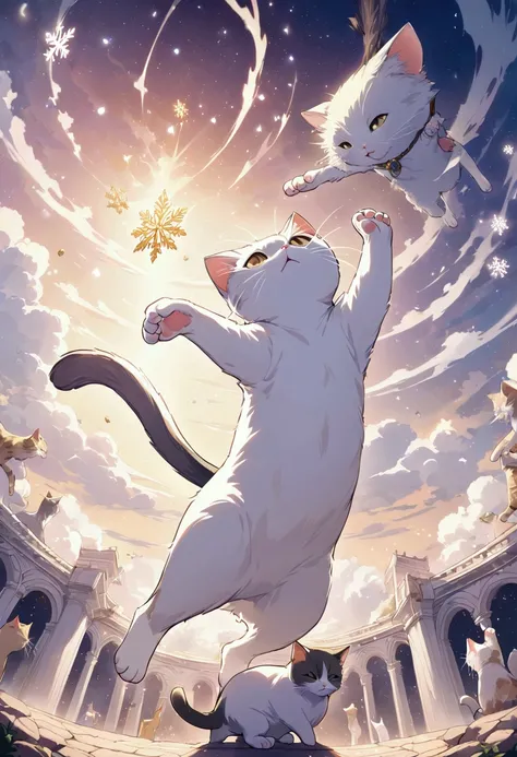 Golden snowflakes are falling, a cat is jumping desperately to catch them, and a cat is confused when they disappear as soon as it reaches its hand. This is a cute, dream-like illustration art, ultra detailed, absolutely resolution, masterpiece