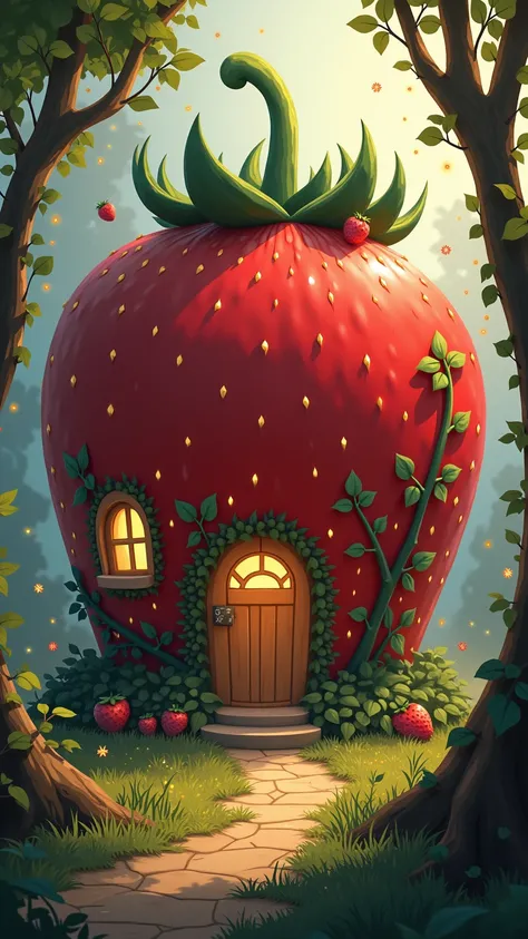 "  , The dome in the shape of a giant strawberry has become a house, Their red ,  soft sunlight is reflected.  vines and leaves are intertwined with architecture ,  where nature and fantasy are fused .  interior is a cozy ,  strawberry motifs adorn furnitu...