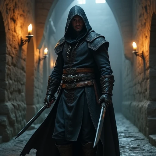 Medieval, rogue, with dagger, with hood, fantasy male