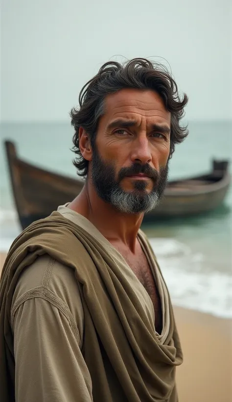 create a front image,  A man,  with a serene look and a gray beard ,  that represents the image of the Apostle Andrew, next to a boat on a beach .