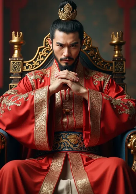  best quality、 Three Kingdoms、Sima Yan 、 young man with sharp face、 in a glittering emperors costume 、 sits on a throne、Resting one&#39;s chin on one&#39;s hand、 legs crossed、 doesnt grow a beard、Grinning、Arrogant attitude