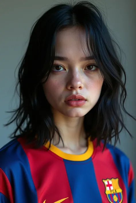 Create an image of Billie Eilish with the Barcelona football shirt