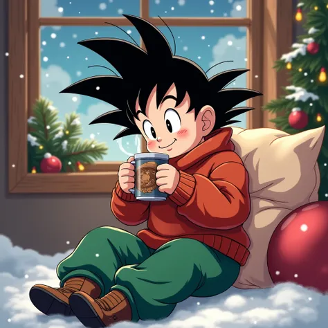 Goku in red sweater ,  green pants ,  drinking hot chocolate at Christmas, in anime style